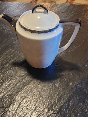 Iridescent White Porcelain Teapot with Black Trim-Weimar Porzellan